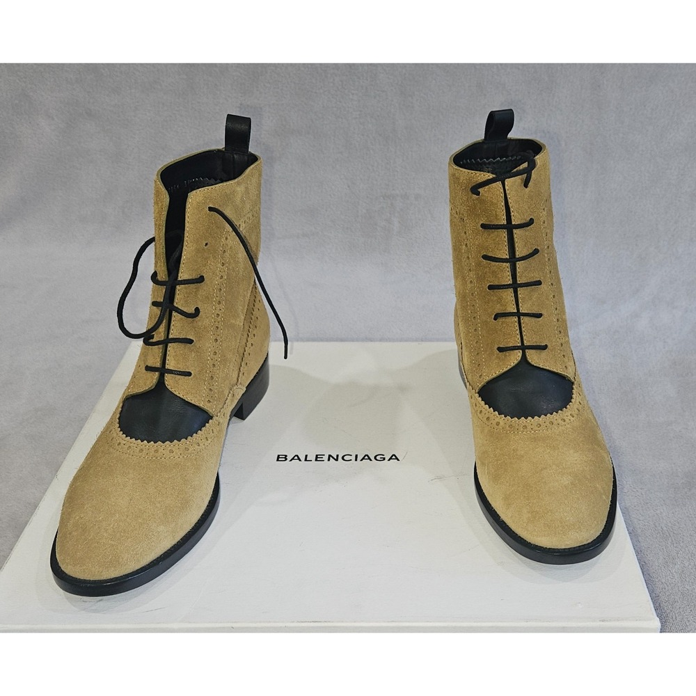 Balenciaga NWT Khaki Suede & Black Leather Brogue Ankle Boots EU 38.5 Box & Bag